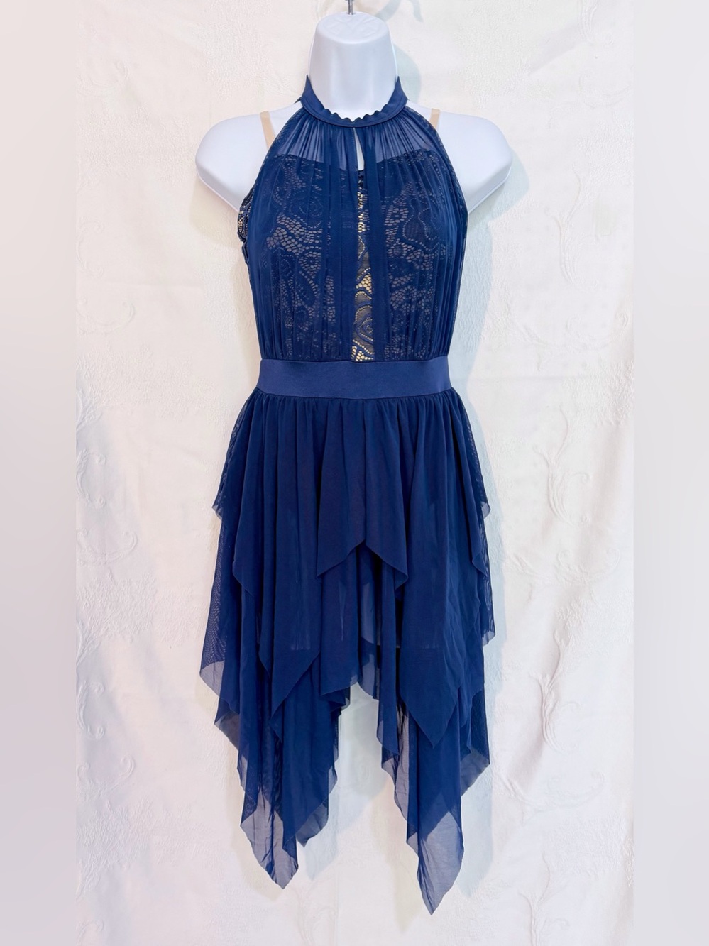 Weissman Navy Blue Halter Lace Chiffon Dance Costume Girls Sz LC D0057